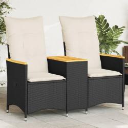 Canapé de jardin inclinable 2 places avec table noir poly rotin