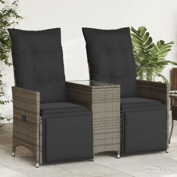 Canap de jardin inclinable 2 places avec table gris poly rotin