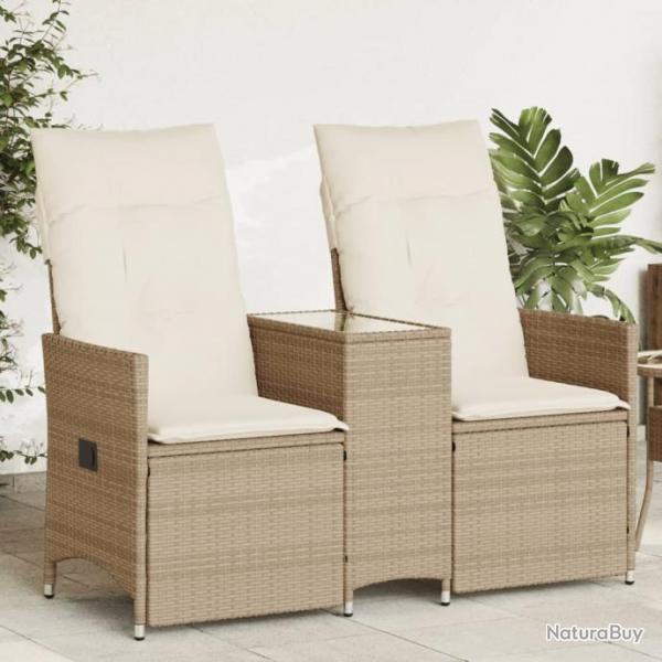 Canap de jardin inclinable 2 places avec table beige rotin