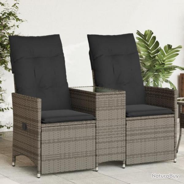 Canap de jardin inclinable 2 places avec table gris poly rotin