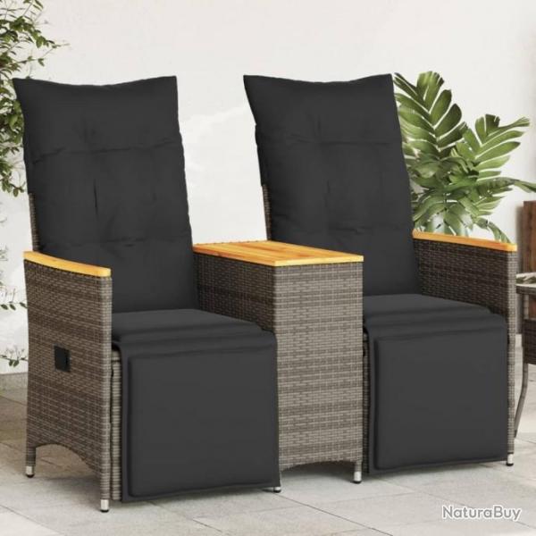 Canap de jardin inclinable 2 places avec table gris poly rotin