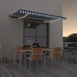 Auvent automatique capteur de vent/LED 450x300 cm Bleu et blanc