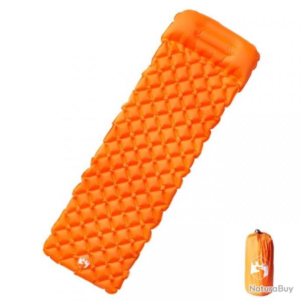 Matelas de camping gonflable avec oreiller 1 personne orange