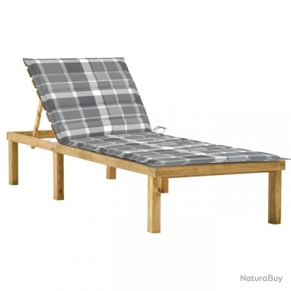 Chaise longue avec coussin carreaux gris Bois de pin imprgn