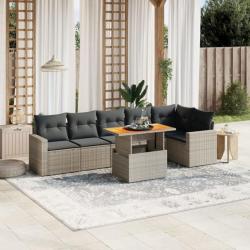 Salon de jardin avec coussins 7 pcs gris résine tressée