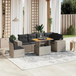 Salon de jardin avec coussins 7 pcs gris résine tressée