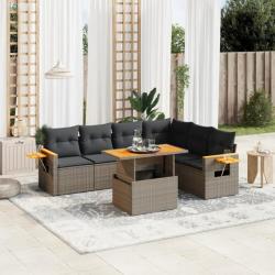 Salon de jardin avec coussins 7 pcs gris résine tressée