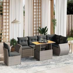 Salon de jardin avec coussins 7 pcs gris résine tressée