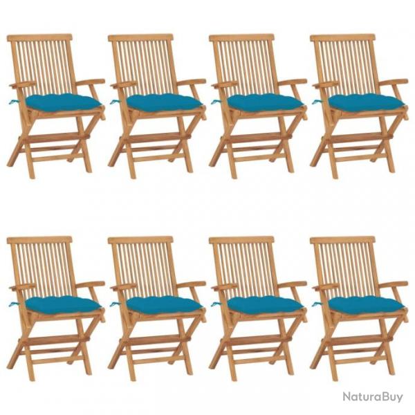 Chaises de jardin avec coussins bleu clair lot de 8 Teck massif