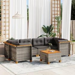 Salon de jardin avec coussins 7 pcs gris résine tressée