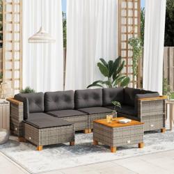 Salon de jardin avec coussins 7 pcs gris résine tressée