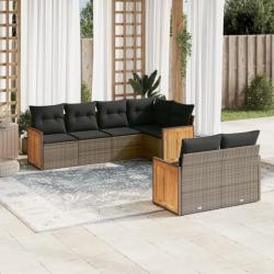 Salon de jardin avec coussins 7 pcs gris résine tressée