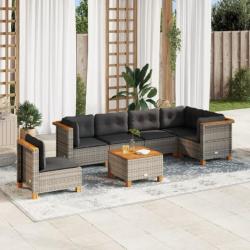 Salon de jardin avec coussins 7 pcs gris résine tressée