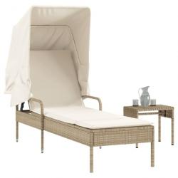 Chaise longue avec auvent et table beige résine tressée