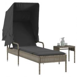 Chaise longue avec auvent et table gris résine tressée