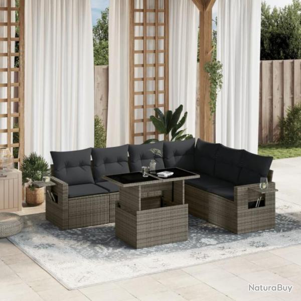 Salon de jardin avec coussins 7 pcs gris rsine tresse