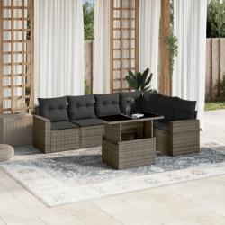 Salon de jardin avec coussins 7 pcs gris résine tressée