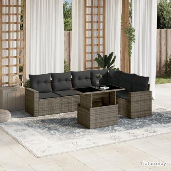 Salon de jardin avec coussins 7 pcs gris rsine tresse