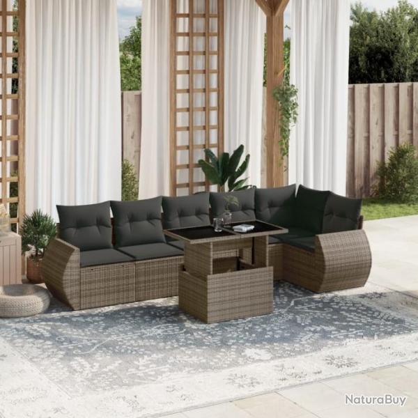 Salon de jardin avec coussins 7 pcs gris rsine tresse