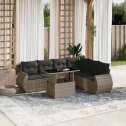 Salon de jardin avec coussins 7 pcs gris résine tressée