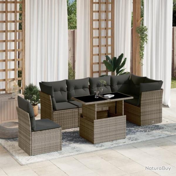 Salon de jardin avec coussins 7 pcs gris rsine tresse