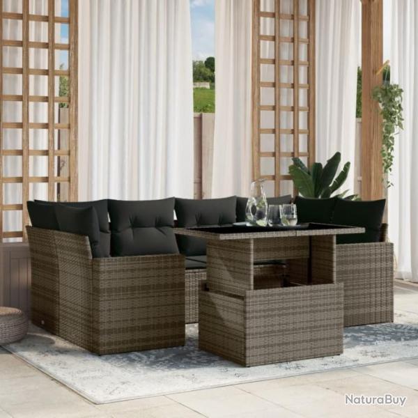 Salon de jardin avec coussins 7 pcs gris rsine tresse