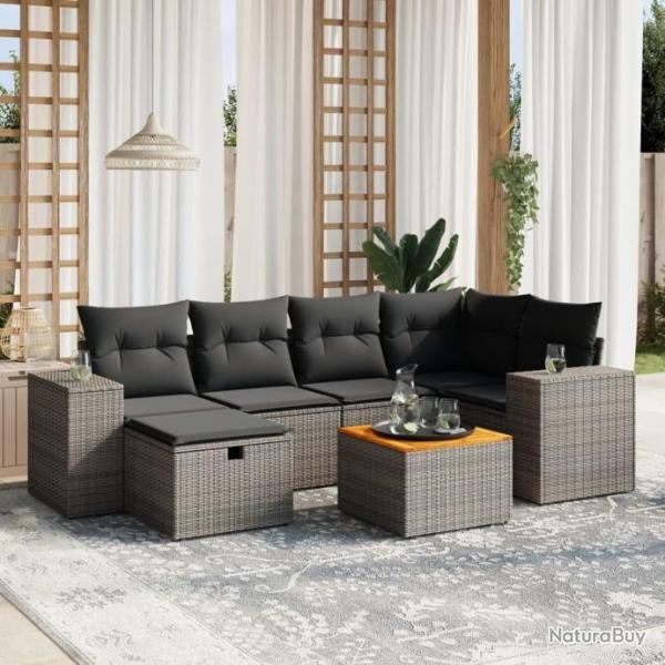 Salon de jardin avec coussins 7 pcs gris rsine tresse