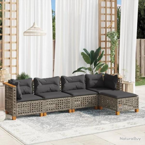 Salon de jardin 5 pcs avec coussins gris rsine tresse