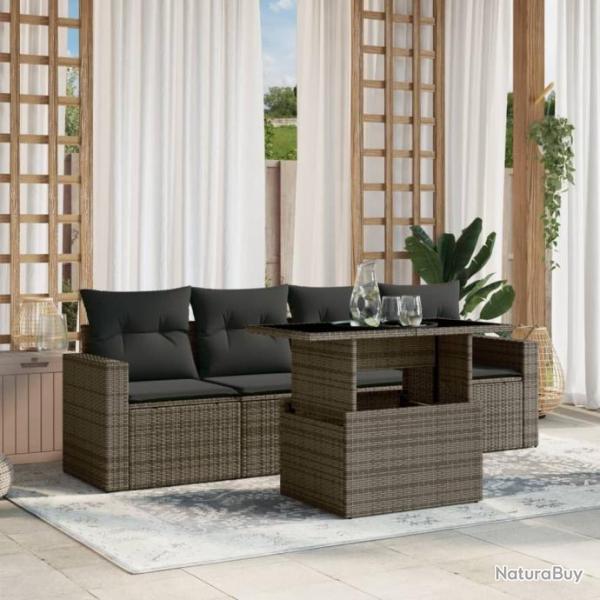 Salon de jardin 5 pcs avec coussins gris rsine tresse