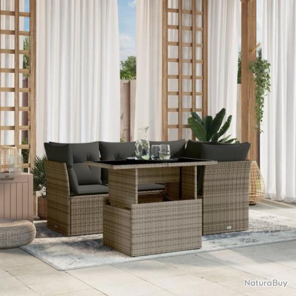 Salon de jardin 5 pcs avec coussins gris rsine tresse