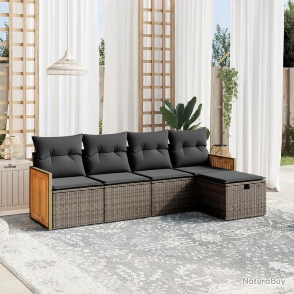 Salon de jardin 5 pcs avec coussins gris rsine tresse