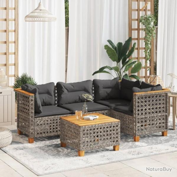 Salon de jardin 5 pcs avec coussins gris rsine tresse