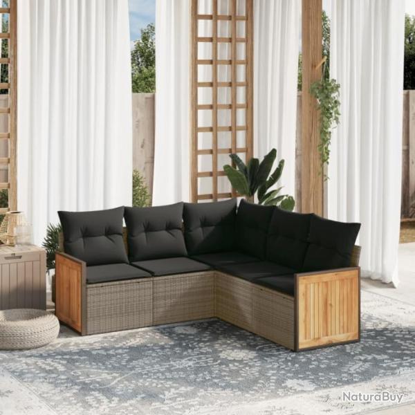 Salon de jardin 5 pcs avec coussins gris rsine tresse