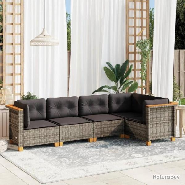 Salon de jardin 5 pcs avec coussins gris rsine tresse