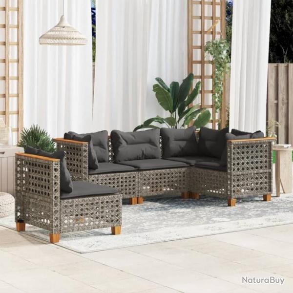 Salon de jardin 5 pcs avec coussins gris rsine tresse