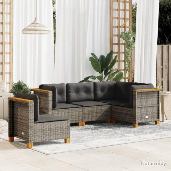 Salon de jardin 5 pcs avec coussins gris rsine tresse