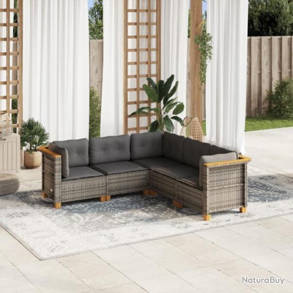 Salon de jardin 5 pcs avec coussins gris rsine tresse