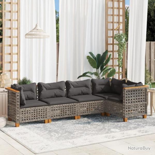 Salon de jardin 5 pcs avec coussins gris rsine tresse