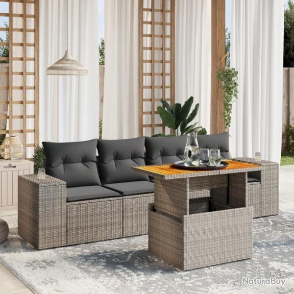 Salon de jardin 5 pcs avec coussins gris rsine tresse