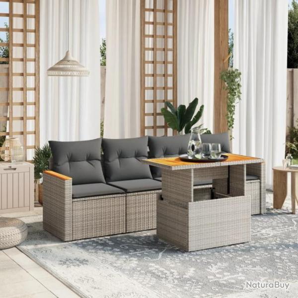 Salon de jardin 5 pcs avec coussins gris rsine tresse