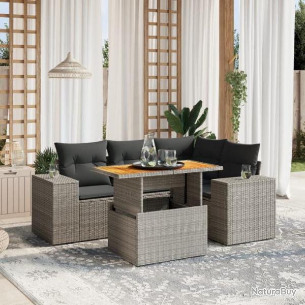 Salon de jardin 5 pcs avec coussins gris rsine tresse