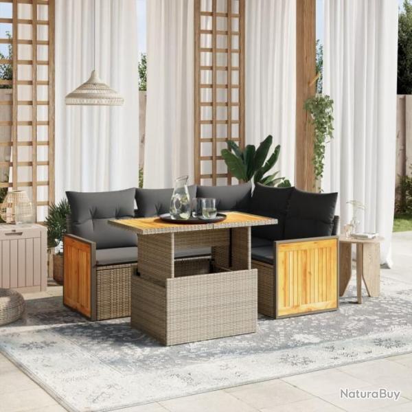 Salon de jardin 5 pcs avec coussins gris rsine tresse