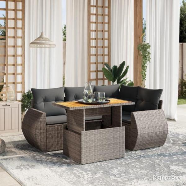 Salon de jardin 5 pcs avec coussins gris rsine tresse