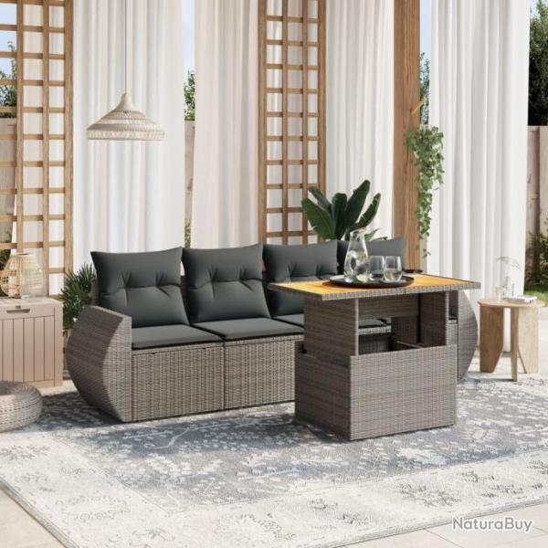 Salon de jardin 5 pcs avec coussins gris rsine tresse