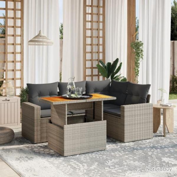 Salon de jardin 5 pcs avec coussins gris rsine tresse