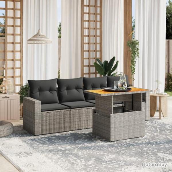 Salon de jardin 5 pcs avec coussins gris rsine tresse