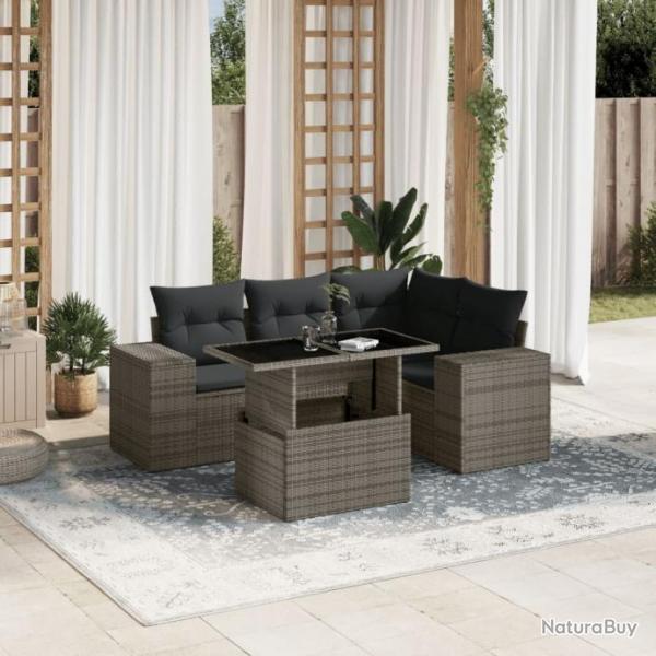 Salon de jardin 5 pcs avec coussins gris rsine tresse