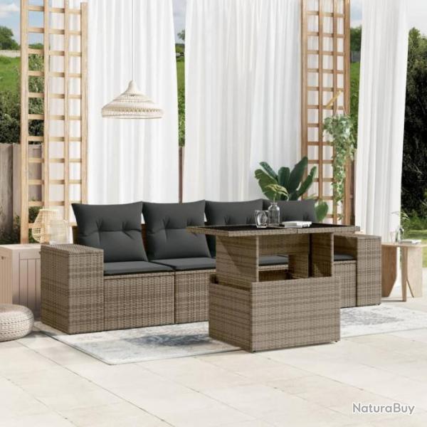 Salon de jardin 5 pcs avec coussins gris rsine tresse