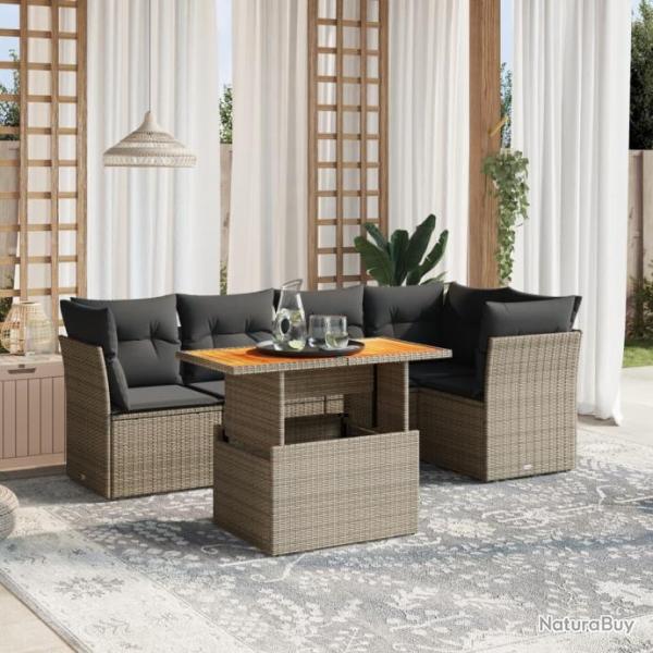 Salon de jardin 5 pcs avec coussins gris rsine tresse