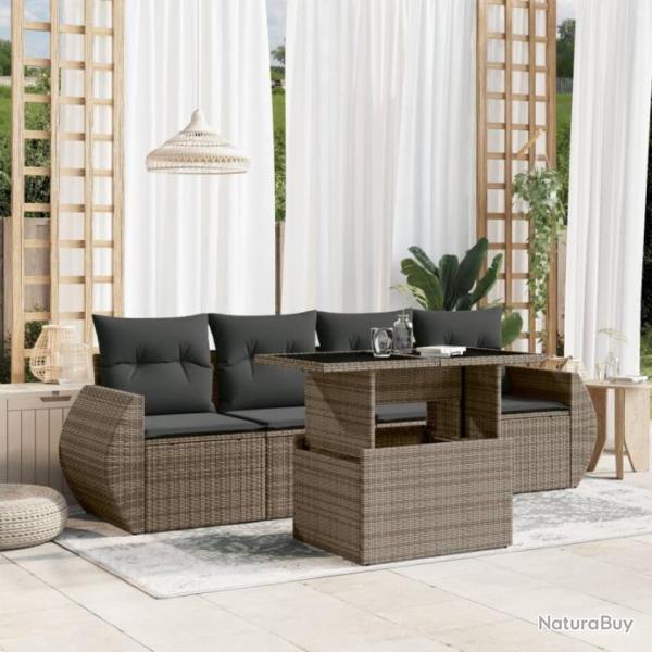 Salon de jardin 5 pcs avec coussins gris rsine tresse